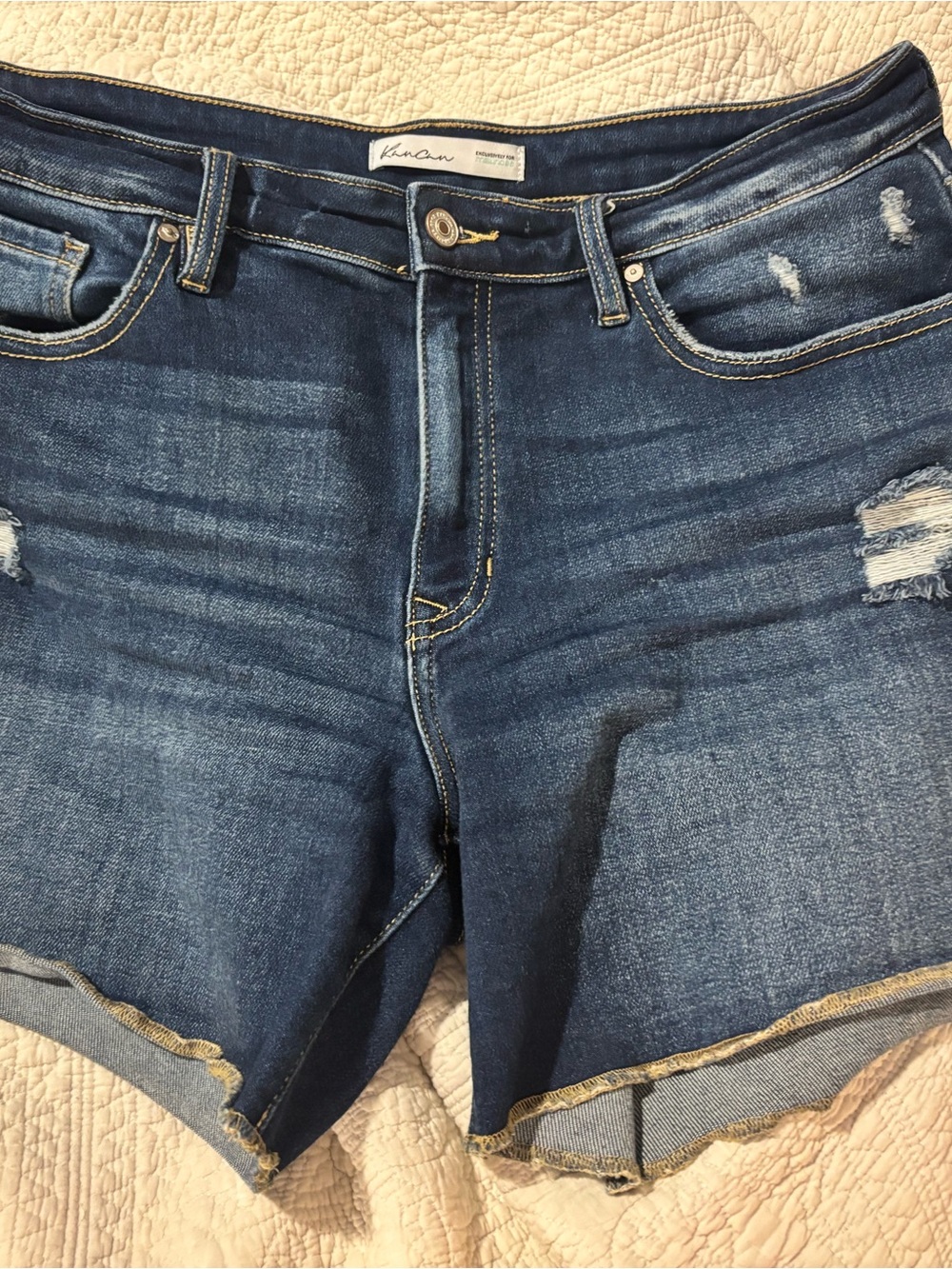 KanCan Mid/Dark Blue Distressed Roll-Hem Jean Shorts